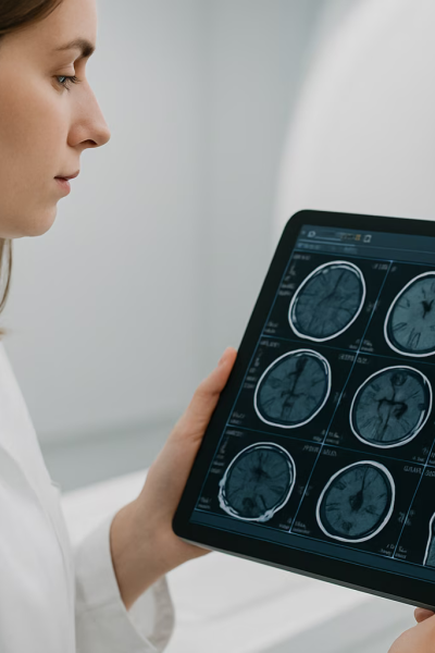 Eine Ärztin überprüft Ergebnisse